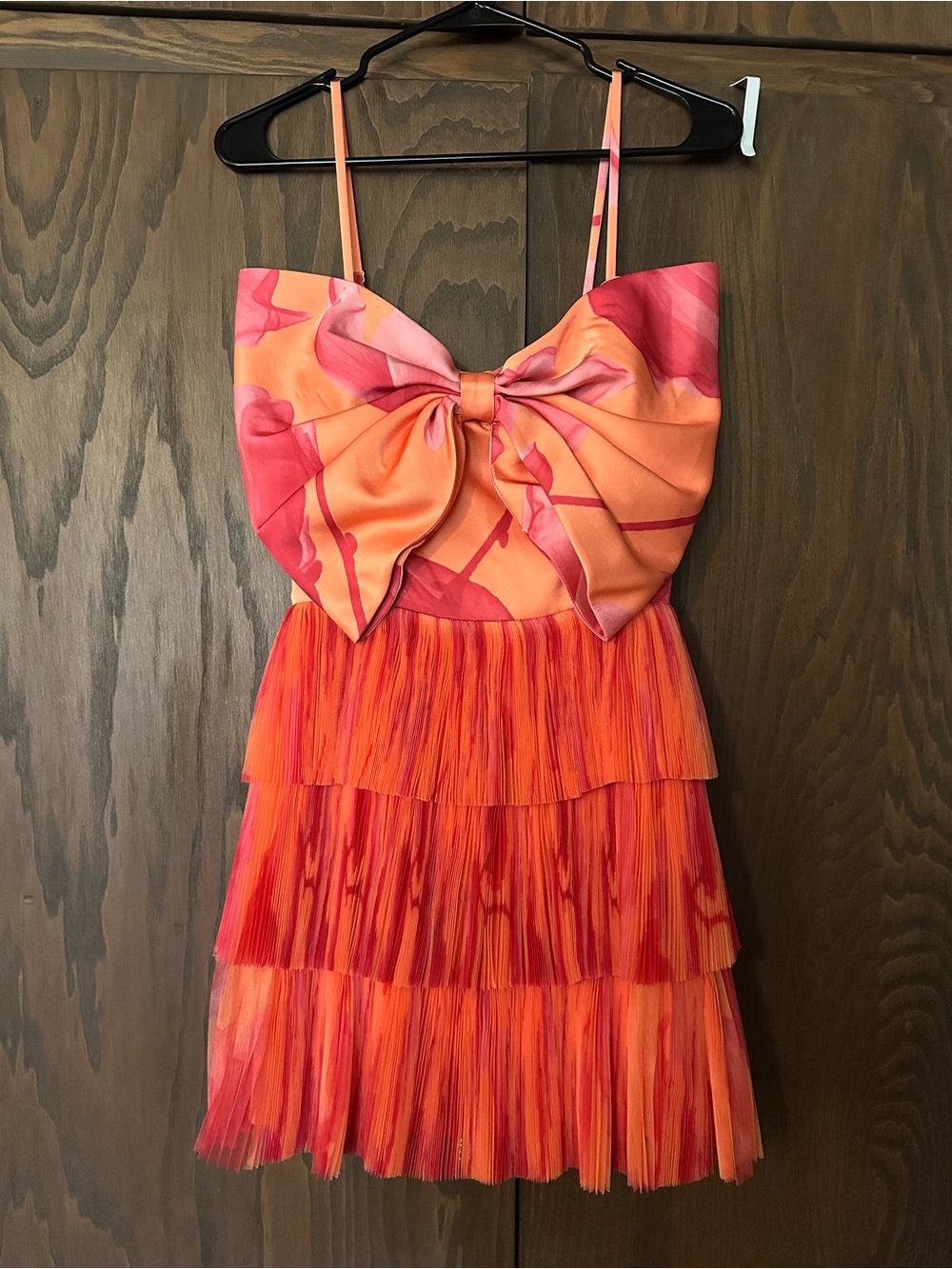 Adjustable Spaghetti Strap Bow Tiered Mini Dress - Pink & Orange